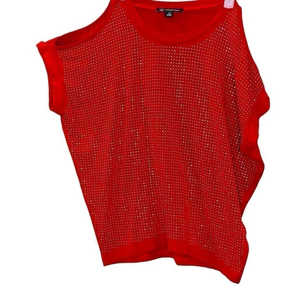 INC International Concepts Studded Dolman Cold Shoulder Top Red Silver Size XS